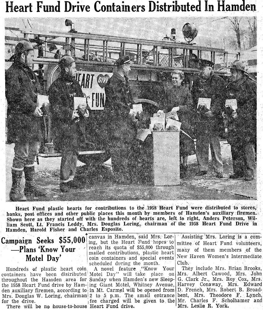 February 20, 1958 - The 1930 Maxim pumper, now the department's spare housed at Mt. Carmel, was once again the backdrop for career and volunteer firefighters who contributed their time to the annual Hamden Heart Fund Drive.  Francis "Chalky" Leddy and Charlie Esposito served as career members for 40 years and 30 years respectively.  Bill Scott was also a Hamden career firefighter for a time in the 1960s.